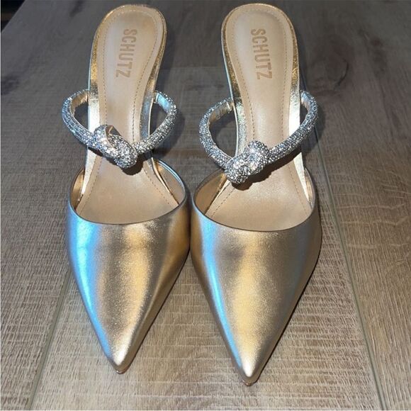 Schutz Say Yes Gold Metallic Napa Pointed Toe Mule Heels US 8.5 - Picture 6 of 10